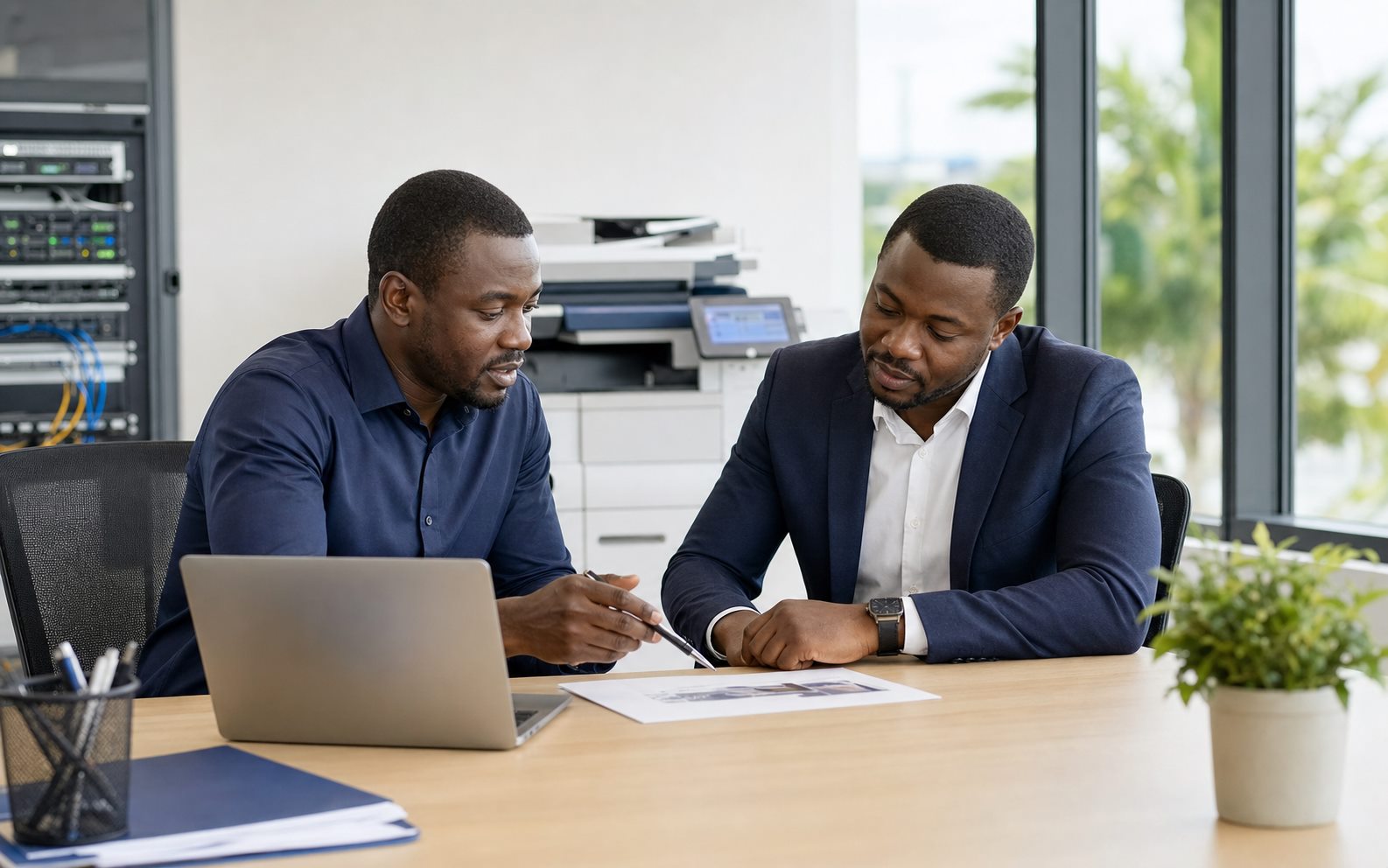 Conseiller EIEE Services étudiant une solution professionnelle avec un client