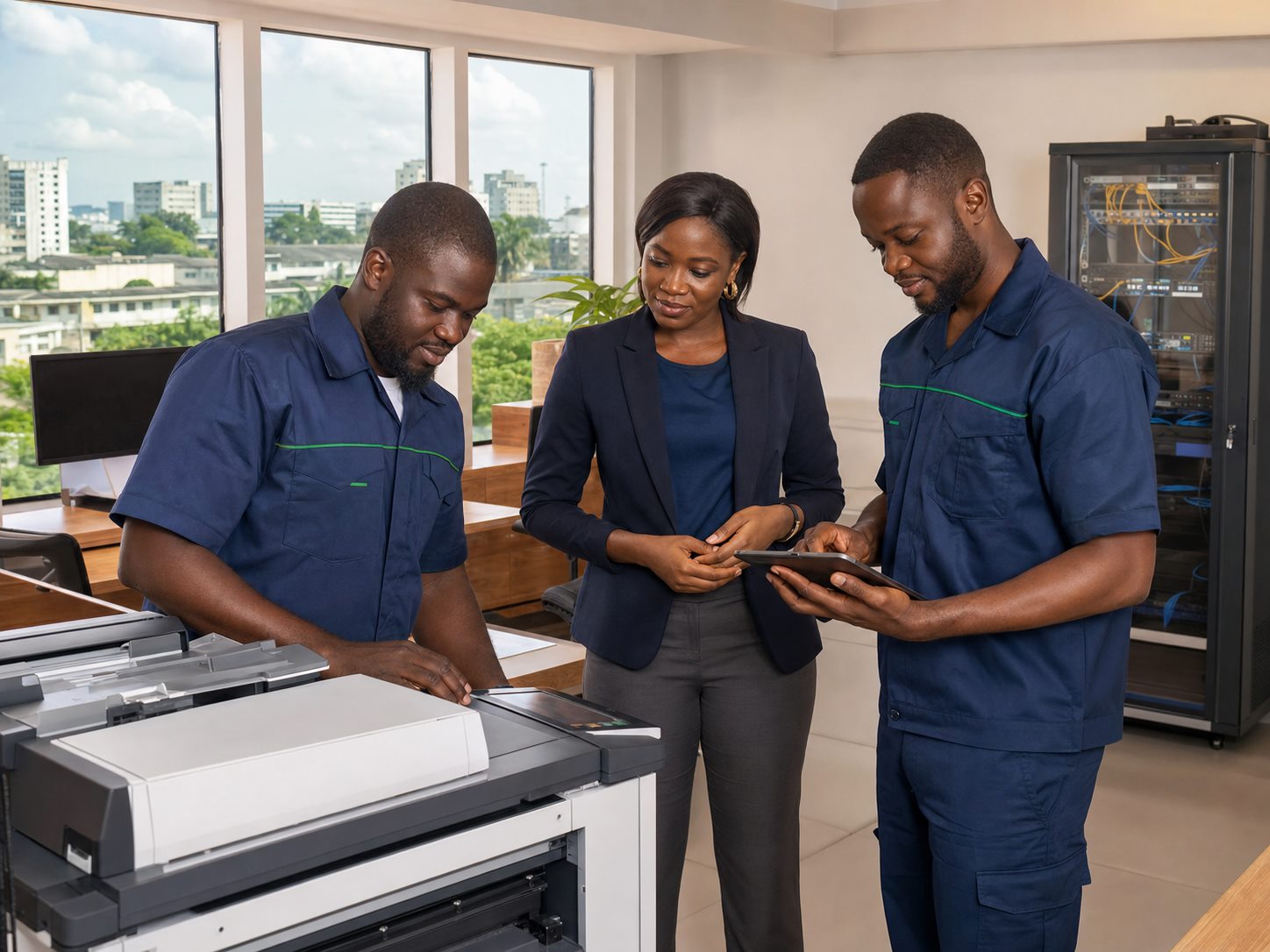 Équipe EIEE Services réalisant un contrôle qualité avec une cliente