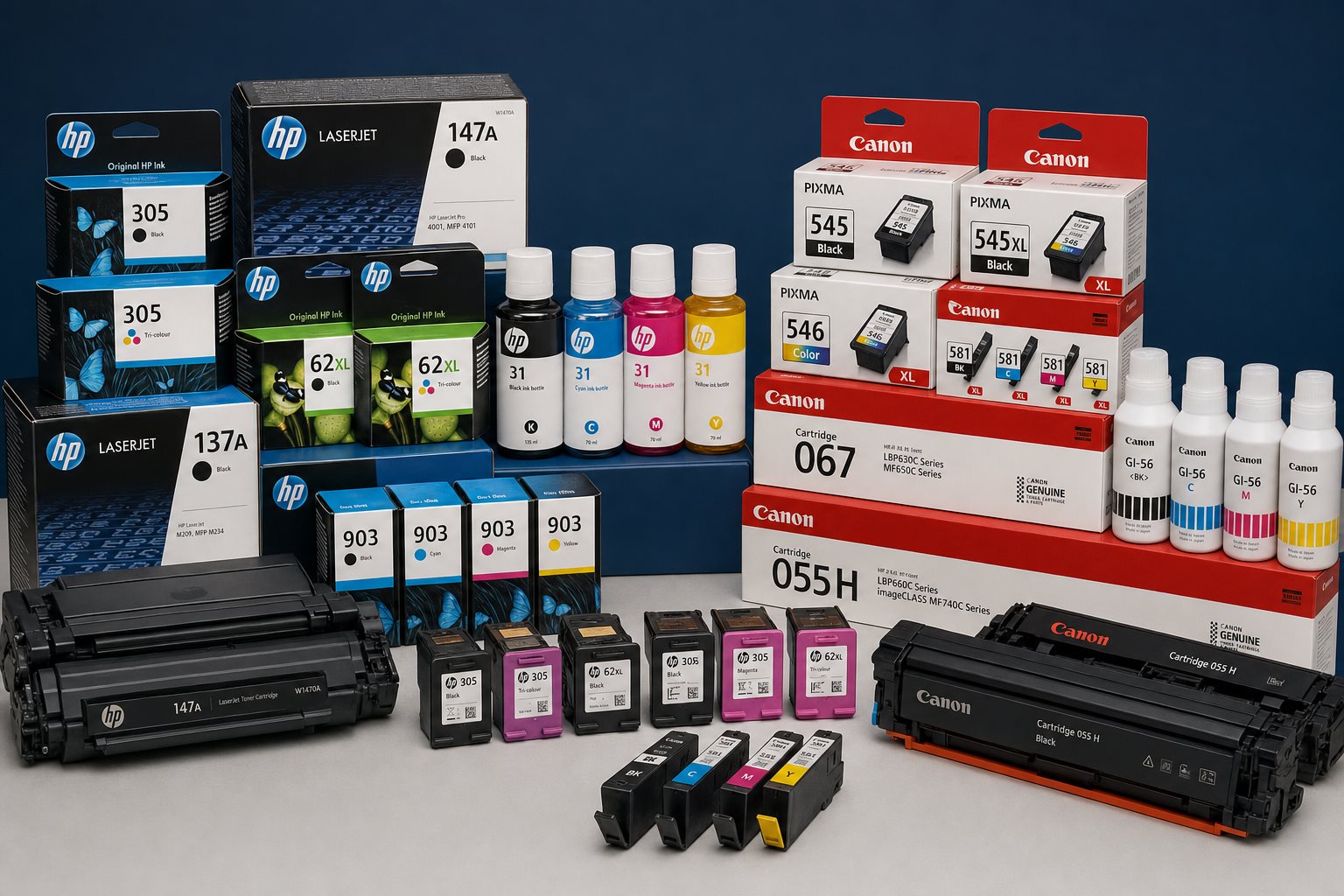 Assortiment de cartouches, toners et bouteilles d’encre HP et Canon