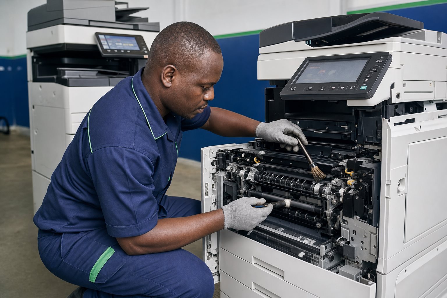 Technicien réalisant la maintenance préventive d’un copieur multifonction