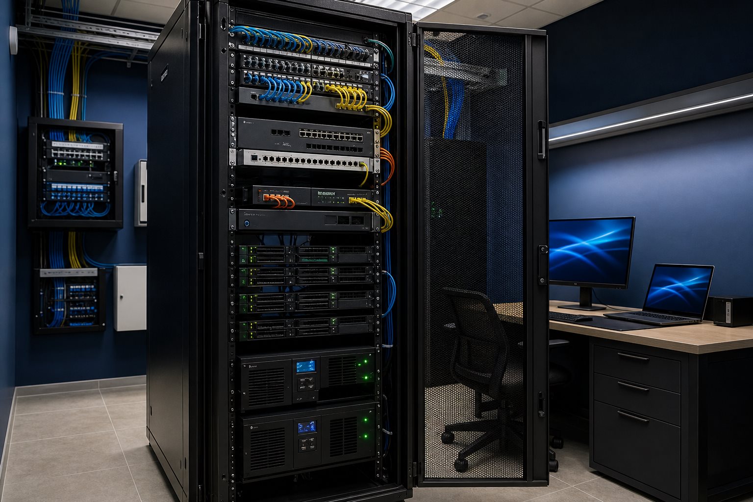 Rack informatique équipé de serveurs, switchs, panneaux de brassage et onduleurs