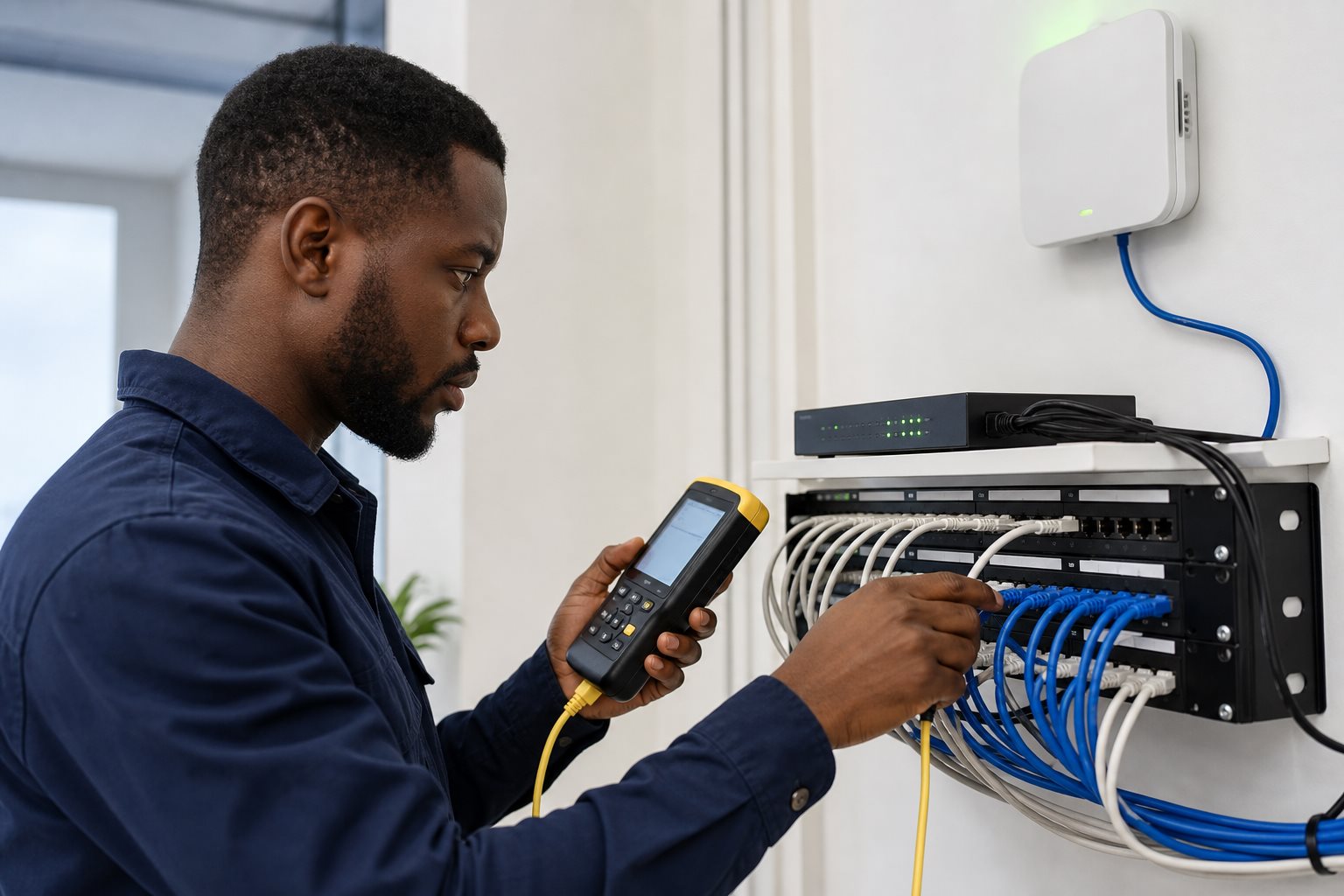 Technicien testant le câblage et les équipements d’un réseau informatique
